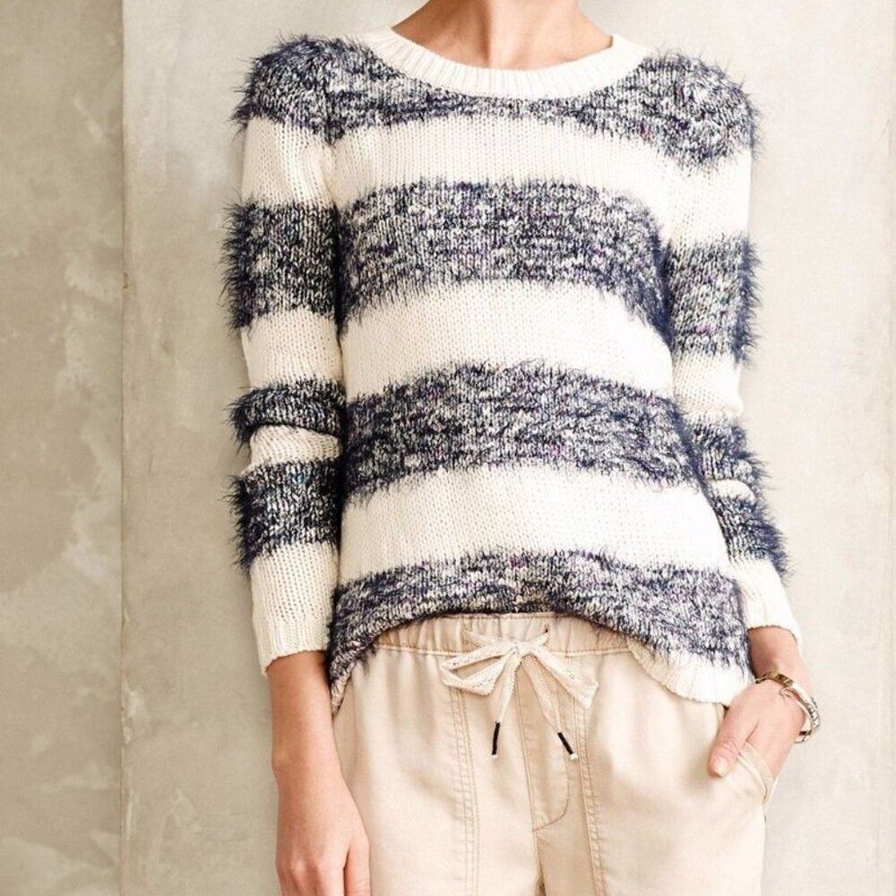 Tabitha Anthropologie Striped Eyelash Knit Sweater Cream Charcoal‎ Grey Large